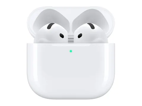 Apple AirPods 4 in their open white charging case