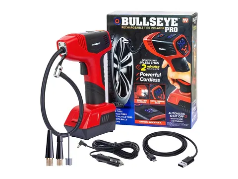 Red Bullseye portable tire inflator with hose, nozzles, cables and box