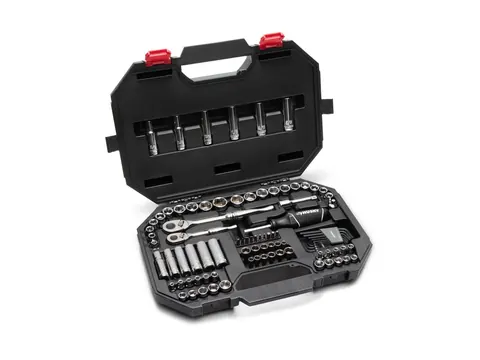 Husky 94-piece mechanics tool set open in its black case