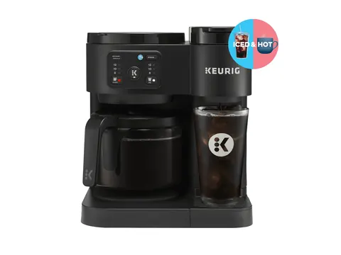 Black Keurig K-Duo Essentials coffee maker with carafe and iced coffee cup