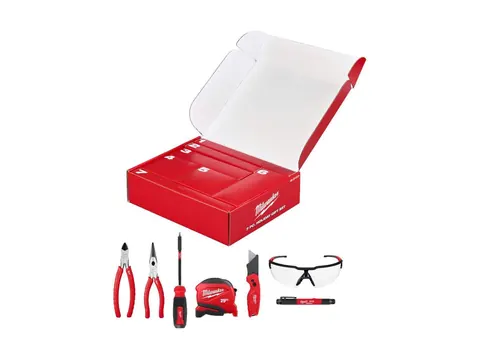 Milwaukee 7-piece hand tool gift set: red box, pliers, screwdriver, tape, knife, glasses and marker