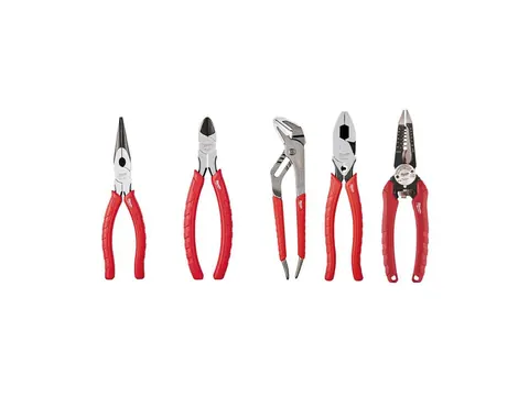 Five red-handled Milwaukee electrician pliers and wire strippers