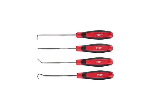 Four Milwaukee hooks and picks with red and black handles