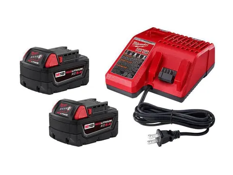 Two Milwaukee M18 XC5.0 batteries and a red M18/M12 charger