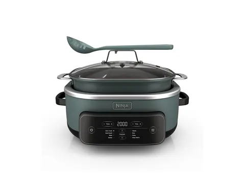Ninja PossibleCooker Plus multi-cooker in sage green with lid and spoon