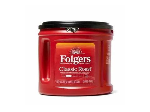 Red can of Folgers Classic Roast ground coffee