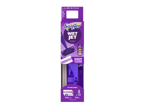 Swiffer WetJet spray mop starter kit in its purple box